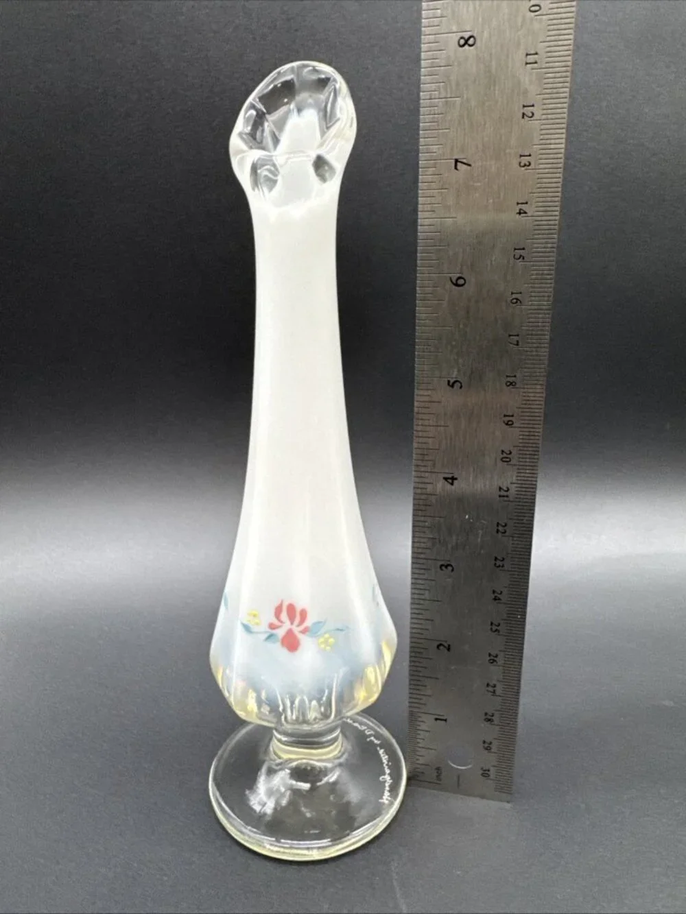 VTG Fenton Glass Opalescent Country Garden Cottage Floral Swung Bud Vase Signed